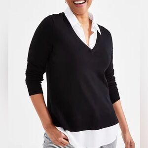 Style & Co. Black V-Neck Sweater with White Collar